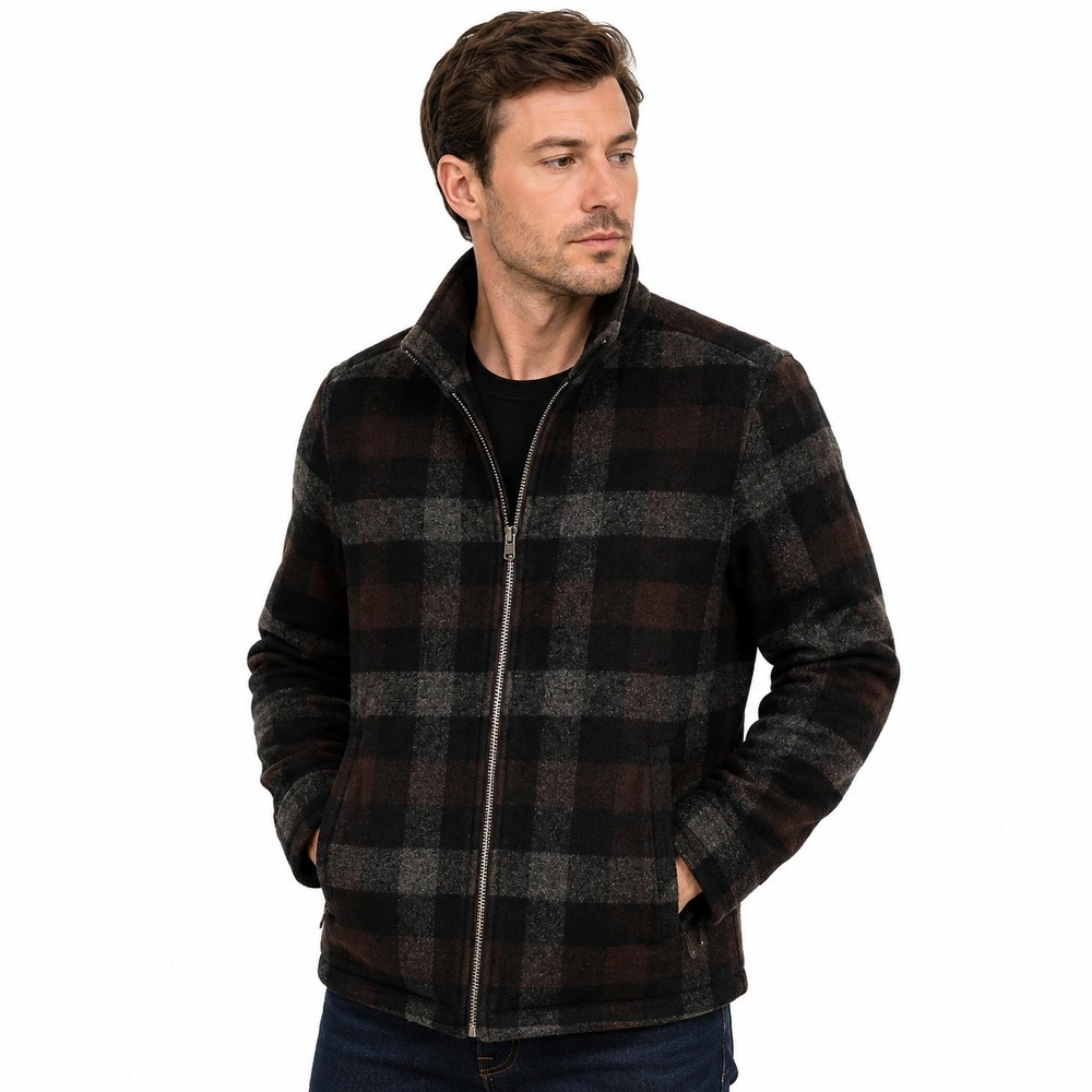 Magaschoni Wool Blend Plaid Full Zip Jacket Mens Large Malbec Combo Quiet Luxury